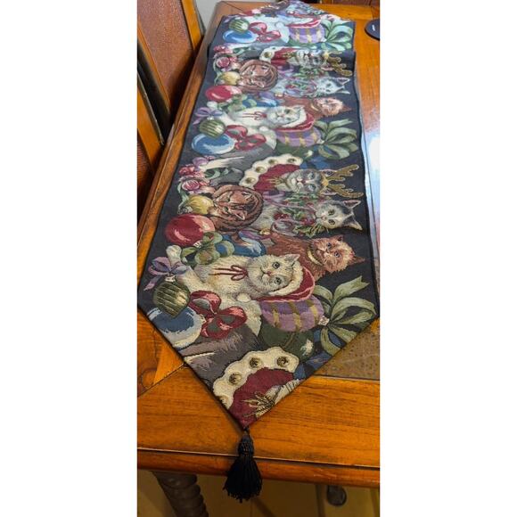 Christmas Cats Table Runner Whimsical Kitty Curious Cat 68” x 13" Tapestry Black - Picture 6 of 6